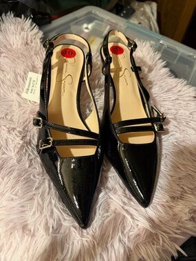 Jessica Simpson Black Patent Pointed Slingback Flats with Double Straps
